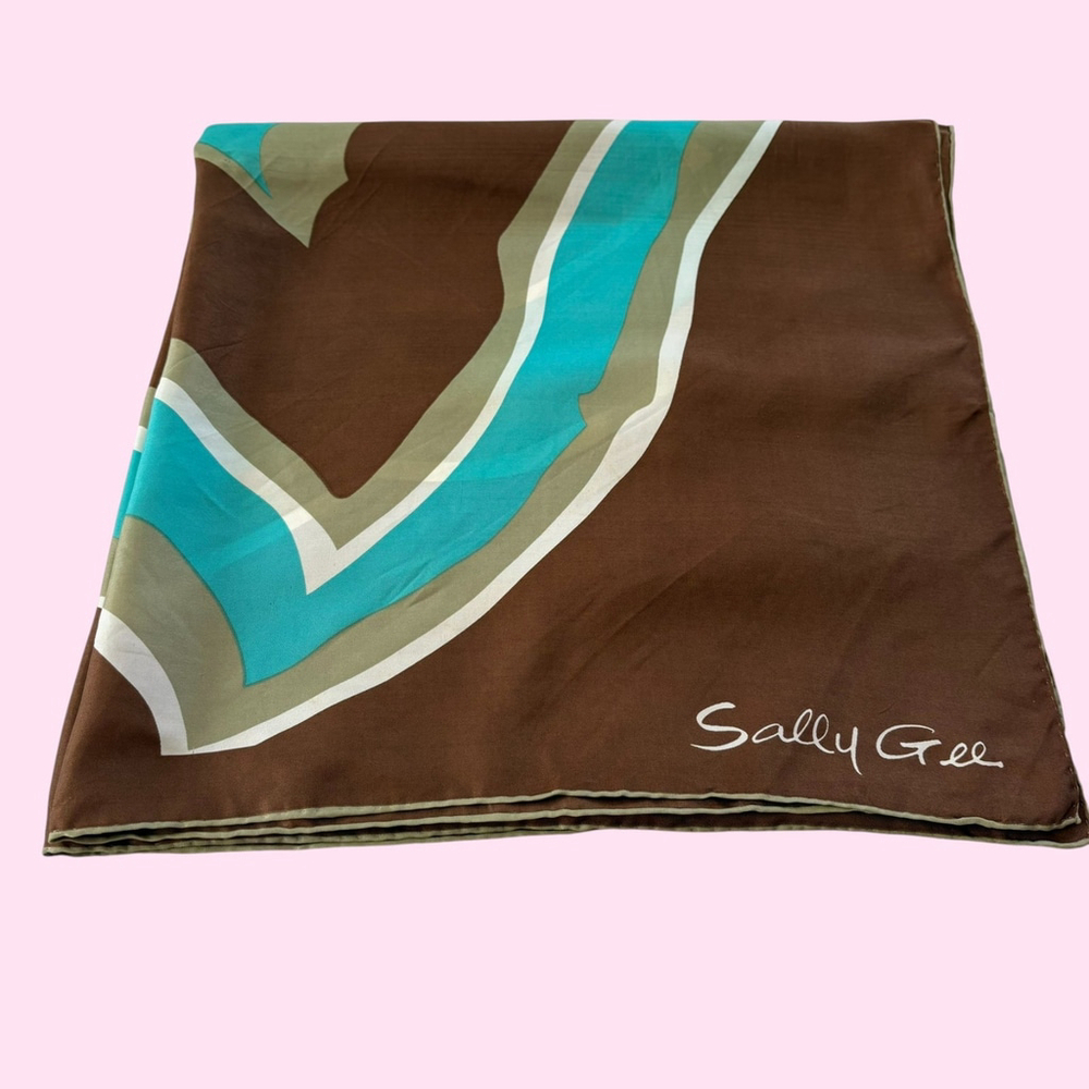 Vintage Sally Gee Brown Blue Abstract Silk Blend Scarf - Picture 2 of 10